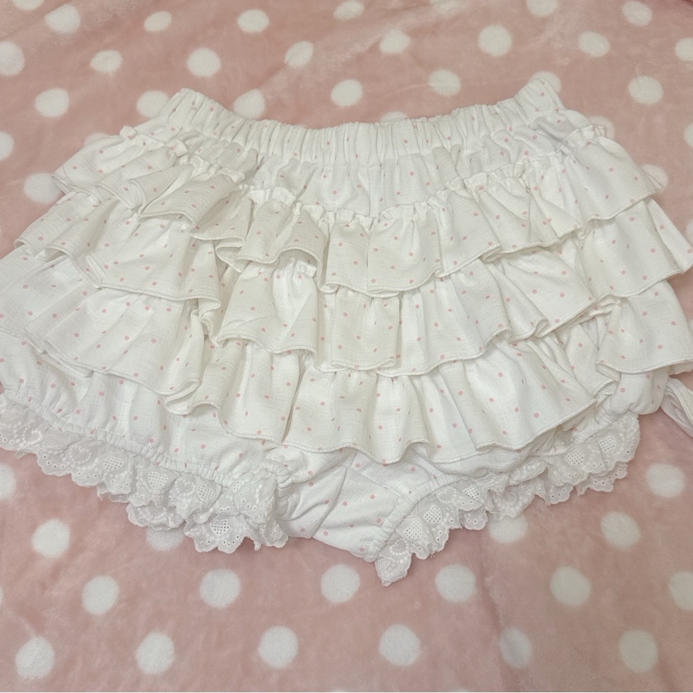 White Ruffled Shorts with Pink Polka Dots